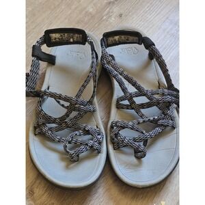 Viakix Women's Size 9 Walking Sandals Strappy Toe Loop Sport Black White Woven